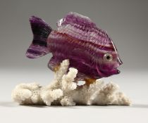 AN AMETHYST FISH ON WHITE CORAL. 7cms long.