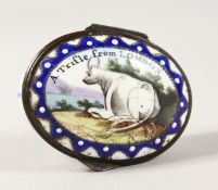 A BATTERSEA ENAMEL PATCH BOX, the top with a cow 