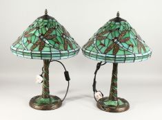 A GOOD PAIR OF TIFFANY DESIGN DRAGONFLY LAMPS.
