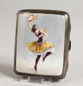 A VICTORIAN PLAIN SILVER CIGARETTE CASE, the top with an enamel of a girl dancing. London 1888.