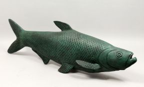 A GOOD LARGE GREEN PATINATED BRONZE MODEL OF A FISH. 38ins long.