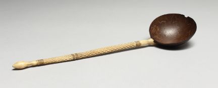 A NATIVE NUT BOWL SPOON with carved ivory handle. 10ins long.