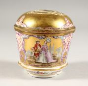 A 19TH CENTURY DRESDEN PORCELAIN BOX AND COVER, rich gilt ground, painted with scenes of young
