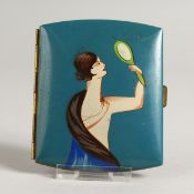 A METAL CIGARETTE CASE, the top with a girl with hand mirror.