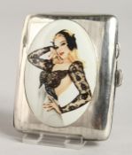 AN EDWARD VII ENGINE TURNED SILVER CIGARETTE CASE, the top with an enamel of a woman with blonde