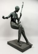 A GOOD LARGE UNUSUAL BRONZE FIGURE OF A SEATED FEMALE NUDE, playing a musical instrument, on a