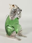 A GOOD GREEN GLASS SQUIRREL CLARET JUG with plate head and glass eyes. 7ins high.