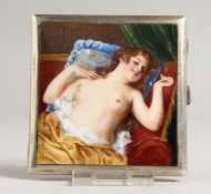 A CONTINENTAL .900 SILVER SQUARE SHAPED CIGARETTE CASE, the top with an enamel of a half-length