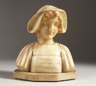 A GOOD 1920'S CONTINENTAL CARVED MARBLE BUST OF A YOUNG GIRL. 7ins high.
