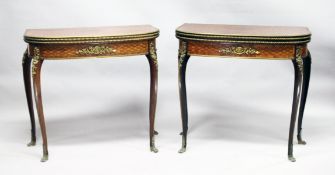 A SUPERB NEAR PAIR OF LINKE MODEL PARQUETRY CARD TABLES, with crossbanded folding tops, green