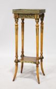 A 19TH CENTURY FRENCH SQUARE MARBLE TOP TABLE with ormolu mounts on fluted legs. 2ft 7ins high.