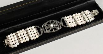 A SILVER, MARCASITE AND PEARL DECO STYLE BRACELET.