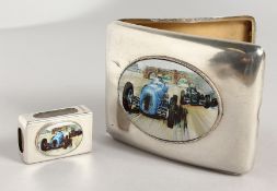 A SILVER CIGARETTE CASE, the top with an oval of a racing car and match holder.
