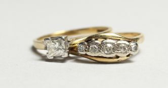 AN 18CT GOLD DIAMOND RING and A FIVE STONE RING (2).