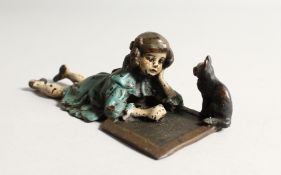 A COLD PAINTED BRONZE GIRL WITH A CAT.