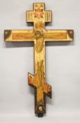 A LARGE 18th / 19th CENTURY RUSSIAN ORTHODOX PAINTED WOODEN DOUBLE SIDED THREE BAR CROSS. 6ft long.