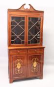 A VICTORIAN MAHOGANY FRENCH CARTONNIER INLAID STANDING BOOKCASE, the top with swan neck pediment,