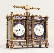 A CLOISONNE DOUBLE MINI CARRIAGE CLOCK. 5ins high.