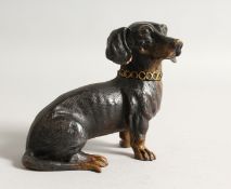 A COLD PAINTED BRONZE DACHSHUND INKWELL. 4.5ins long.