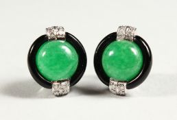 A PAIR OF 9CT GOLD AND SILVER , JADE, ONYX AND DIAMOND DECO EARRINGS.