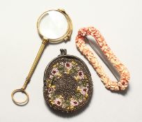 A BEAD WORK PURSE, LORGNETTE and CARVED IVORY BROOCH (3).