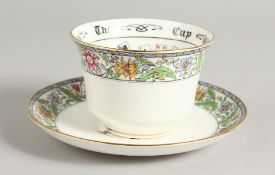 A RARE EMPIRE EXHIBITION WEMBLEY 1924 PORCELAIN TEA CUP AND SAUCER. CUP OF KNOWLEDGE by AYNSLEY,