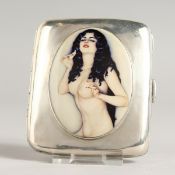 A VICTORIAN PLAIN SILVER CIGARETTE CASE, the top with an enamel of a nude with long black hair.