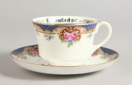 A RARE EMPIRE EXHIBITION WEMBLEY 1924 PORCELAIN TEA CUP AND SAUCER. CUP OF KNOWLEDGE by AYNSLEY,