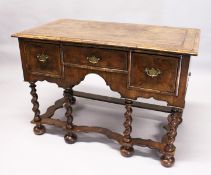 AN 18TH CENTURY WALNUT RECTANGULAR TOP SIDE TABLE, with quartered crossbanded top, three frieze