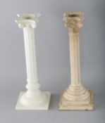 TWO CREAMWARE CORINTHIAN COLUMN CANDLESTICKS. 12ins high.