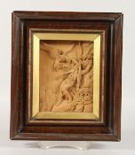 A FRAMED AND GLAZED FINELY CARVED AUSTRIAN LIMEWOOD PLAQUE, a Turk being attacked by an eagle. 5.