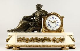 A GOOD LARGE LOUIS XVI BRONZE AND WHITE MARBLE CLOCK, the top with a bronze classical figure, drum