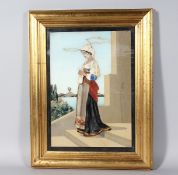 A SUPERB 19TH CENTURY ITALIAN PIETRA DURA FRAMED PICTURE of a young girl overlooking a volcano.