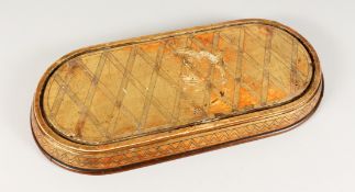 A GOOD GILDED DISPLAY BASE for glass dome. 21ins long.