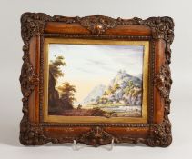 AN EARLY 19TH CENTURY PORCELAIN PLAQUE painted with a scene of the Derbyshire Hills, probably