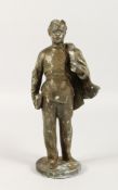 A RUSSIAN METAL FIGURE OF A YOUNG MAN carrying a book and cloak. 12ins high.
