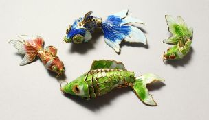 FOUR SILVER AND ENAMEL FLEXIBLE FISH.