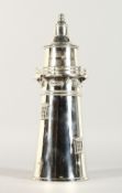 A LARGE SILVER PLATE LIGHTHOUSE COCKTAIL SHAKER. 14ins high.
