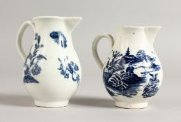 AN 18TH CENTURY CAUGHLEY SPARROW-BEAK JUG with blue flowers and a WORCESTER sparrow-beak jug