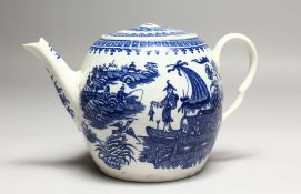 A WORCESTER BLUE AND WHITE CIRCULAR WILLOW PATTERN TEAPOT AND COVER, (fisherman pattern).