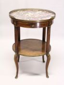 A GOOD 19TH CENTURY CIRCULAR TOP TWO-TIER TABLE, the top with brass grill and inset marble top,