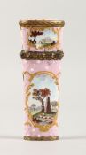 A BATTERSEA ENAMEL ETUI (no fitments) painted with panels of landscapes. 3.5ins long.