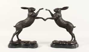 A GOOD PAIR OF BRONZE BOXING HARES on shaped marble bases. 11ins high.