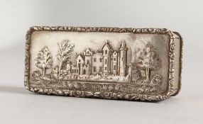 A GOOD 19TH CENTURY SILVER CASTLE TOP SNUFF BOX. Maker T. P. 3ins x 1.5ins.
