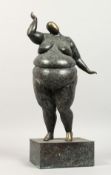 A PATINATED BRONZE ABSTRACT FIGURE OF A FEMALE NUDE, on a plinth base. 18ins high.