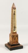 A TUNBRIDGE WARE OBELISK WITH THERMOMETER. 8ins high.