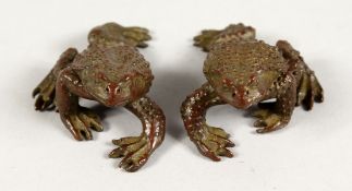 A SMALL PAIR OF JAPANESE BRONZE TOADS.