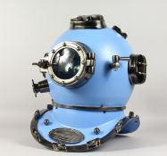 A BLUE DIVERS HELMET.