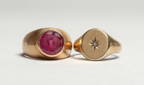 A GENTS 9CT GOLD SIGNET RING and ANOTHER WITH STONES.