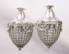 A PAIR OF SILVERED ACORN CHANDELIERS. 15ins.